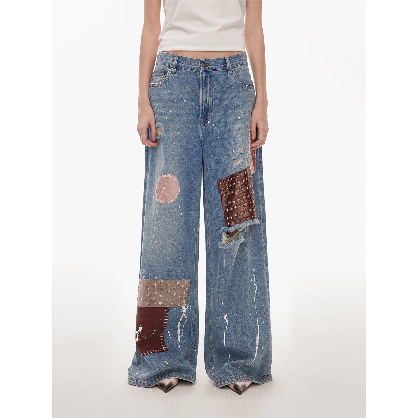 Uninhibited Splicing Washed Wide-Leg Jeans