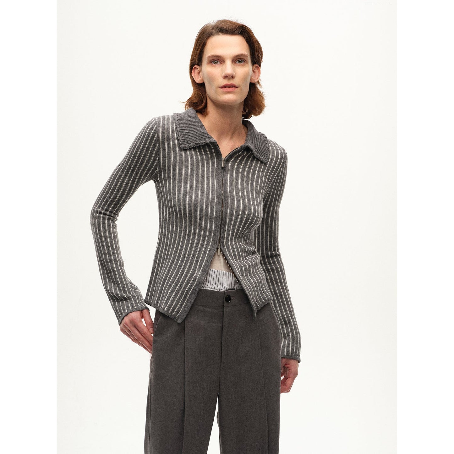 Crocheted Lapel Color-Blocked Striped Cardigan