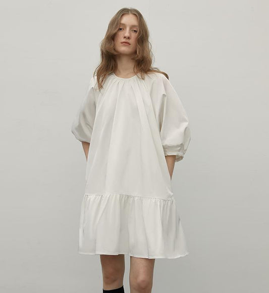 "Dream Island" Hepburn Style White Dress Temperament High-End Puff Sleeve Dress for Women