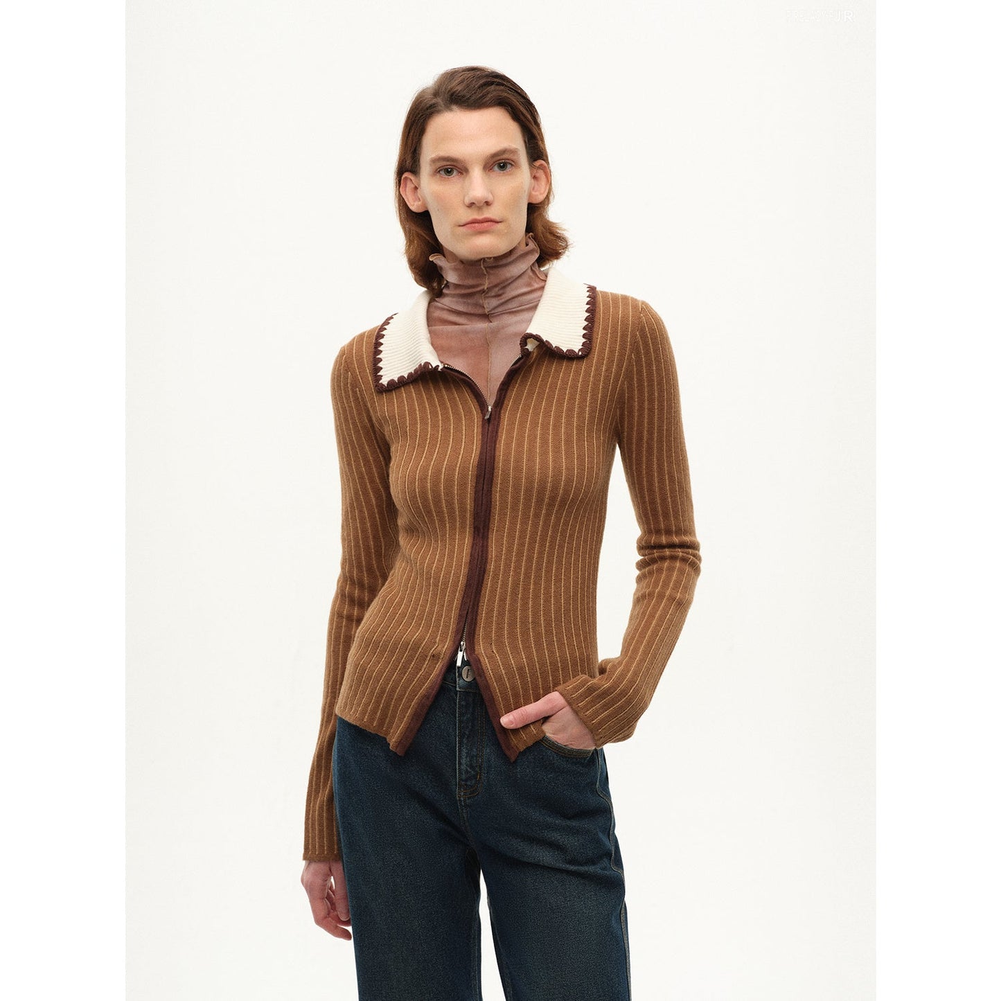 Crocheted Lapel Color-Blocked Striped Cardigan