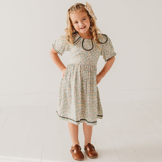 Green Floral Printed Dress with Lace Detail