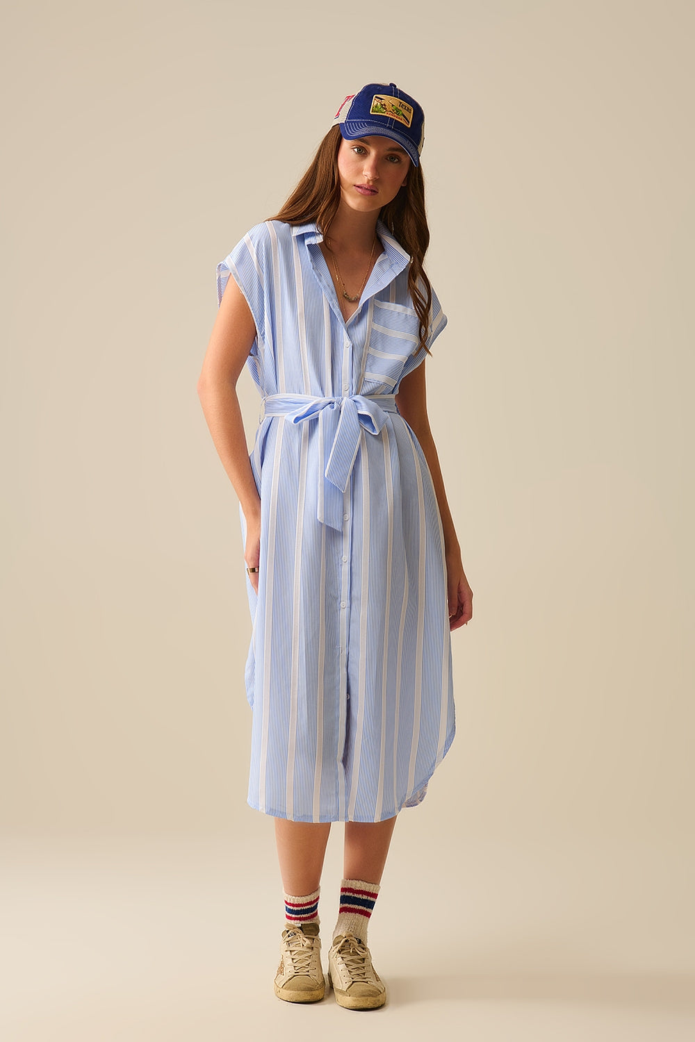Sleeveless Maxi Shirt Dress in Blue and White Stripes