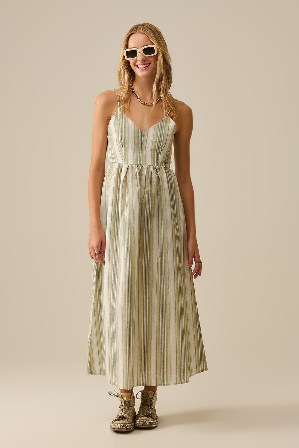 Striped V-Neck Strappy Dress in Green