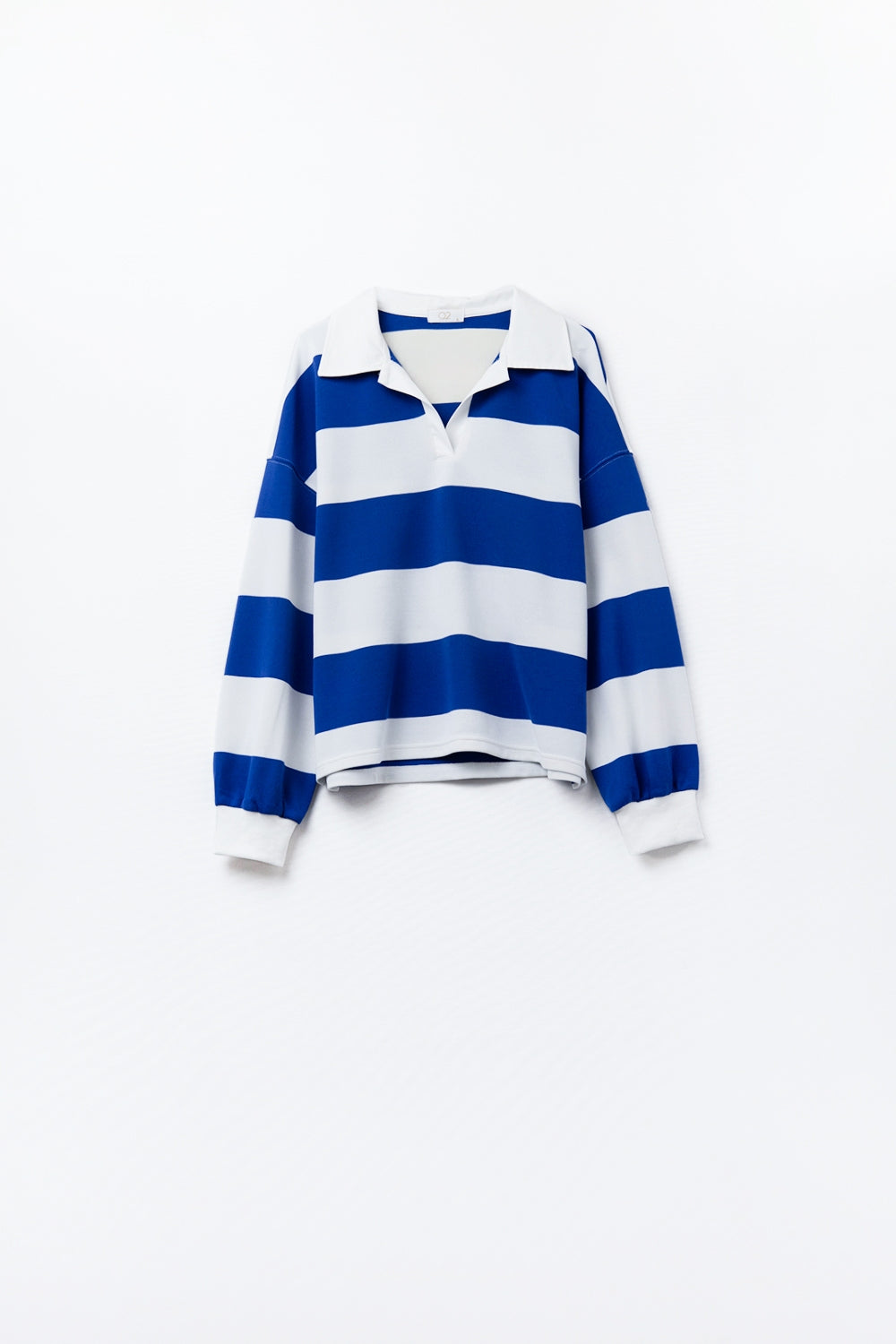 White Relaxed Striped Polo Blouse With Blue Stripes
