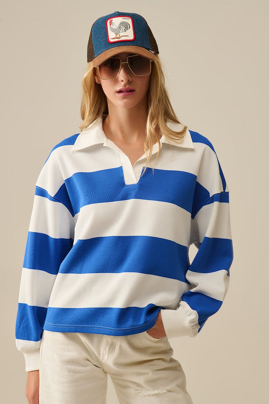 White Relaxed Striped Polo Blouse With Blue Stripes
