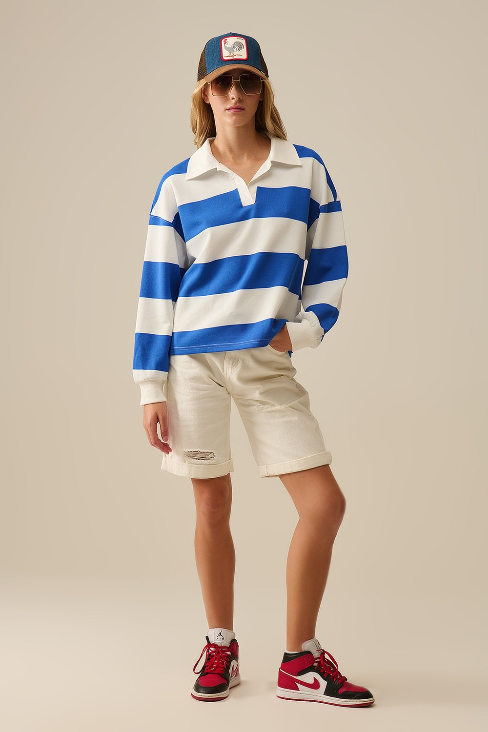 White Relaxed Striped Polo Blouse With Blue Stripes