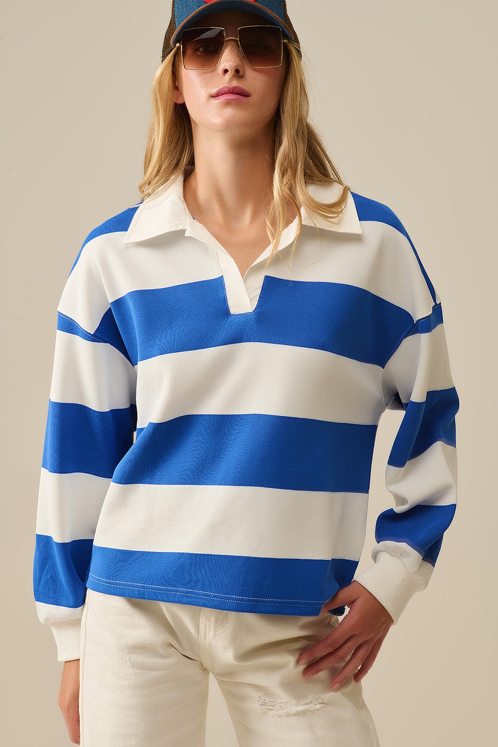 White Relaxed Striped Polo Blouse With Blue Stripes