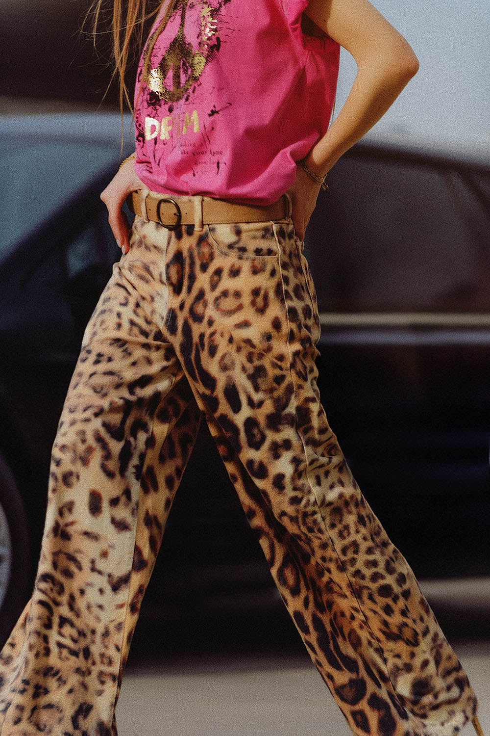 Wide-Leg Tiger Print Pants With Double Side Seams