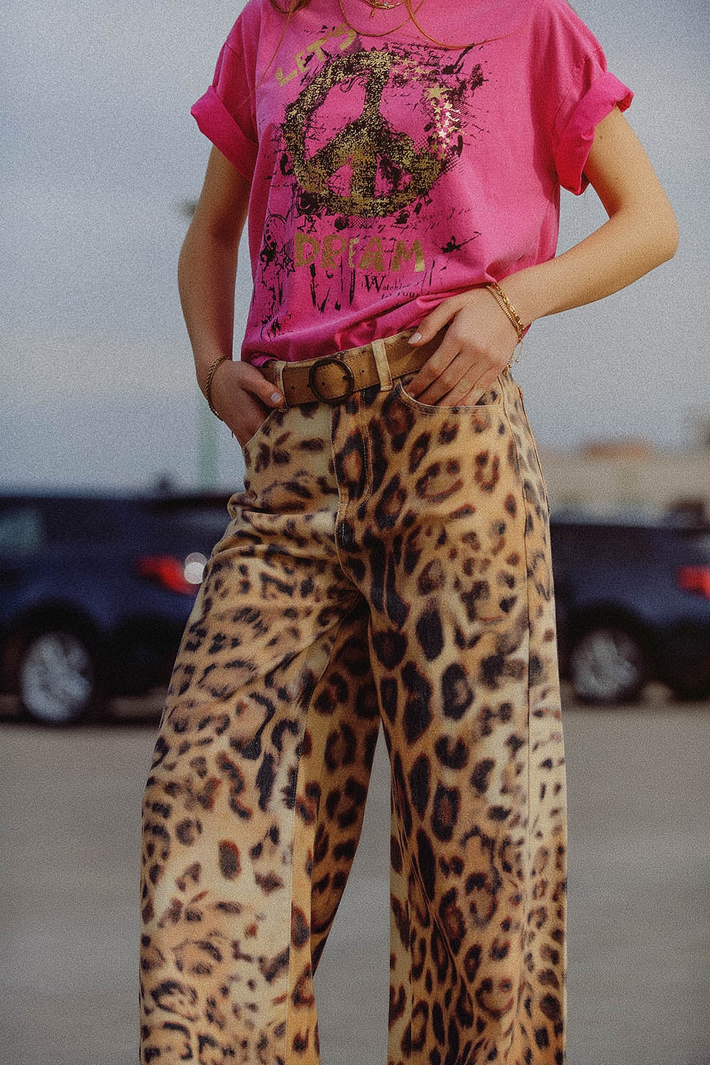 Wide-Leg Tiger Print Pants With Double Side Seams