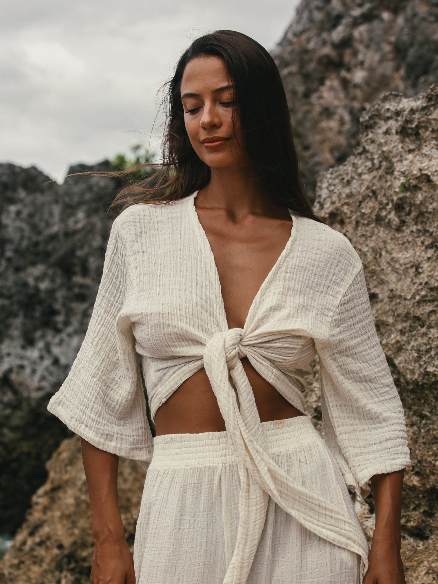 Bali Wrap Top - Natural With Gold Stripes - Mack & Harvie
