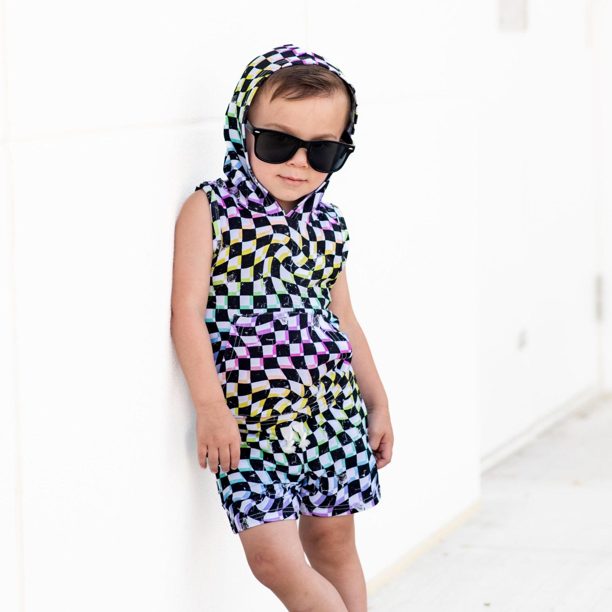 BAMBOO HOODIE TANK - Neon Dizzy Check - Mack & Harvie