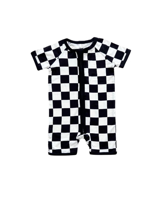 Bamboo Shorty Romper | Black Checkered - Mack & Harvie