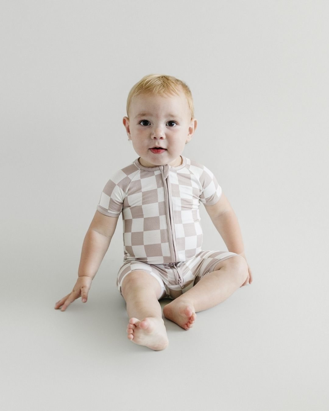 Bamboo Shorty Romper | Latte Checkered - Mack & Harvie