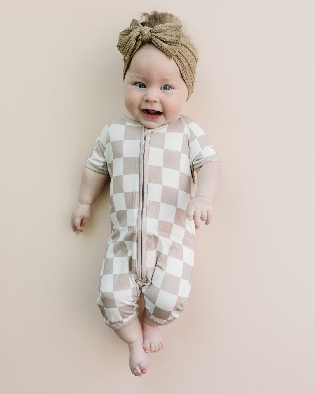 Bamboo Shorty Romper | Latte Checkered - Mack & Harvie