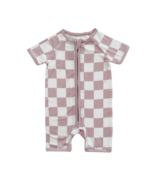 Bamboo Shorty Romper | Latte Checkered - Mack & Harvie