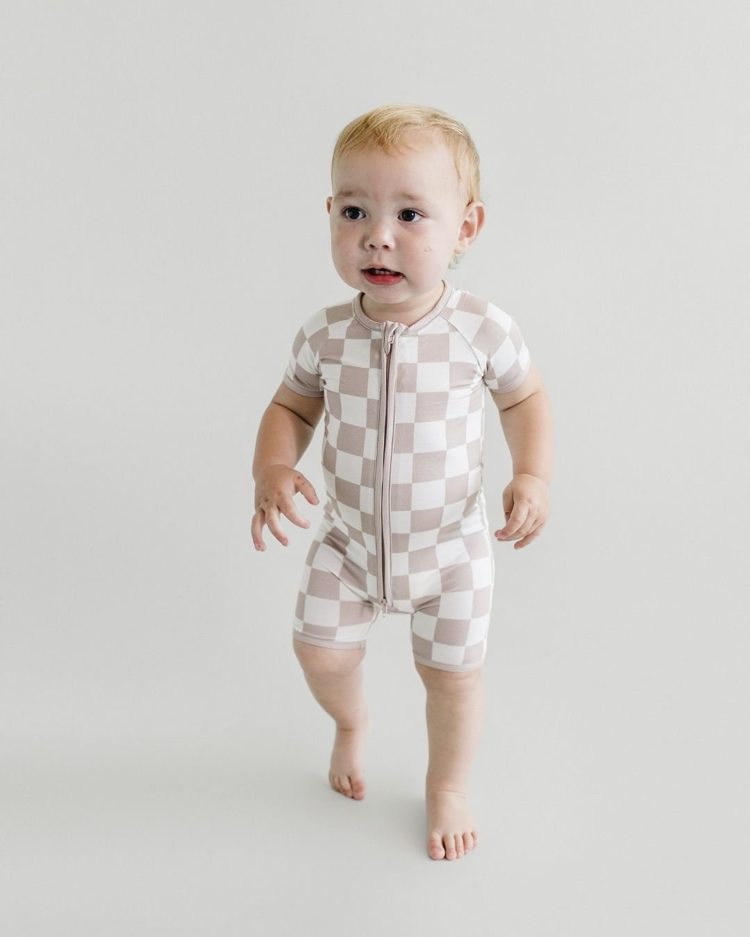 Bamboo Shorty Romper | Latte Checkered - Mack & Harvie