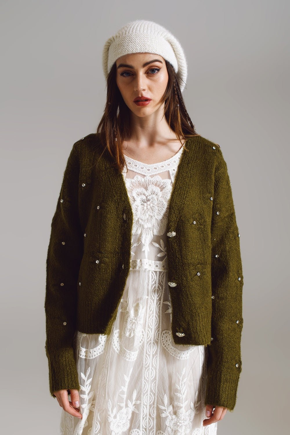 Brown Cardigan With Knitted Flowers and Embellished Details in Military Green - Mack & Harvie