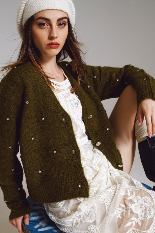 Brown Cardigan With Knitted Flowers and Embellished Details in Military Green - Mack & Harvie