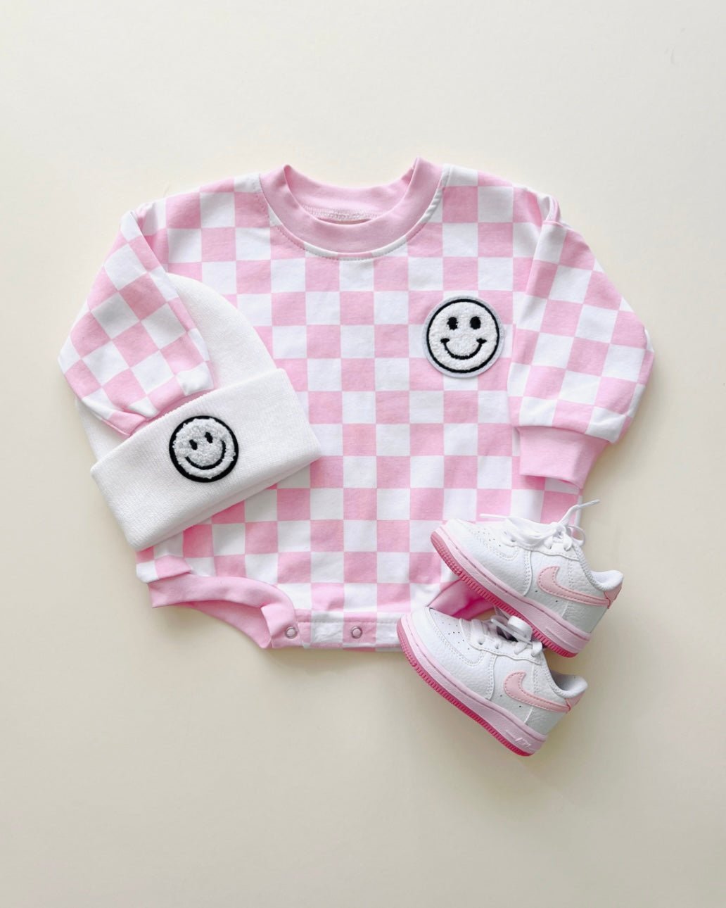 Bubble Romper | Checkered Smiley Pink - Mack & Harvie