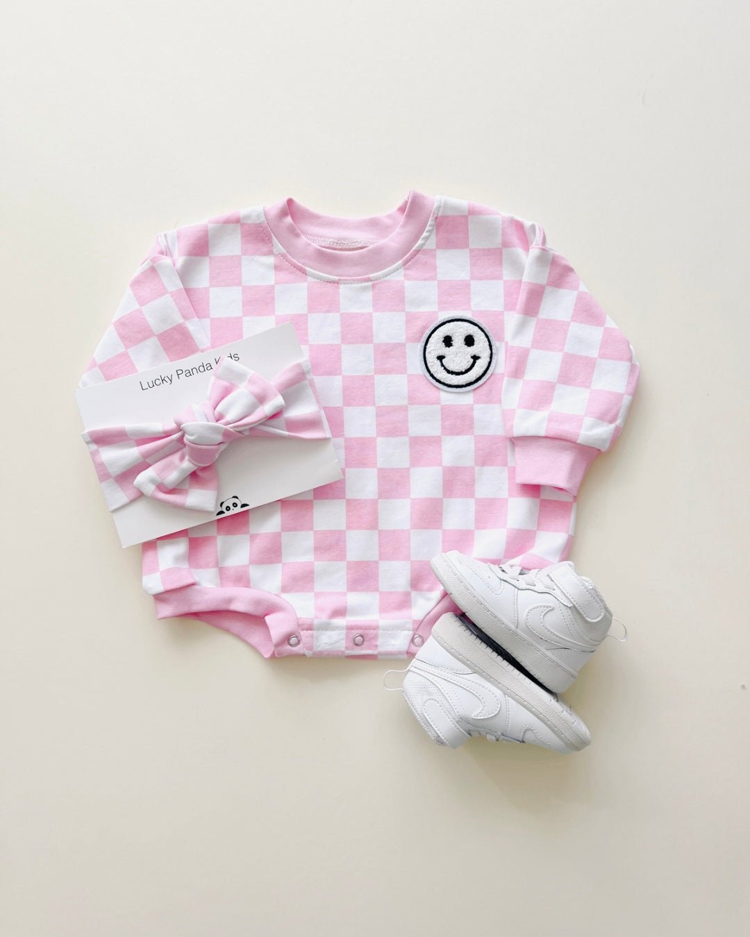 Bubble Romper | Checkered Smiley Pink - Mack & Harvie