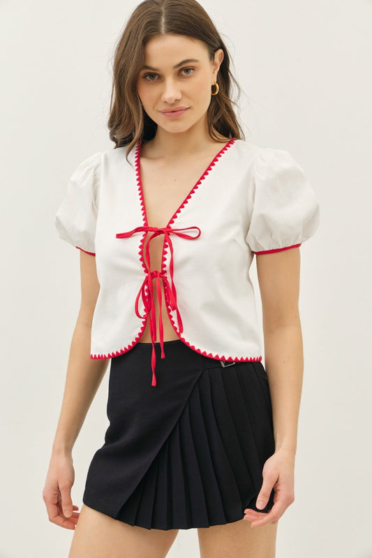 Bubble Slv Tie Front Top