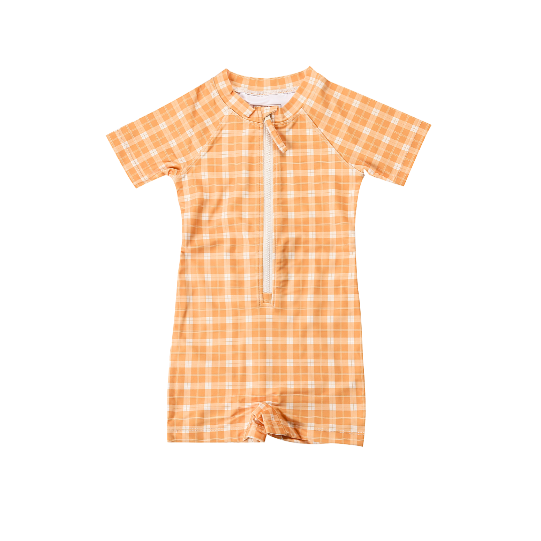 Short Sleeve Rashguard Swimsuit | UPF + Recycled - Buckwheat Plaid