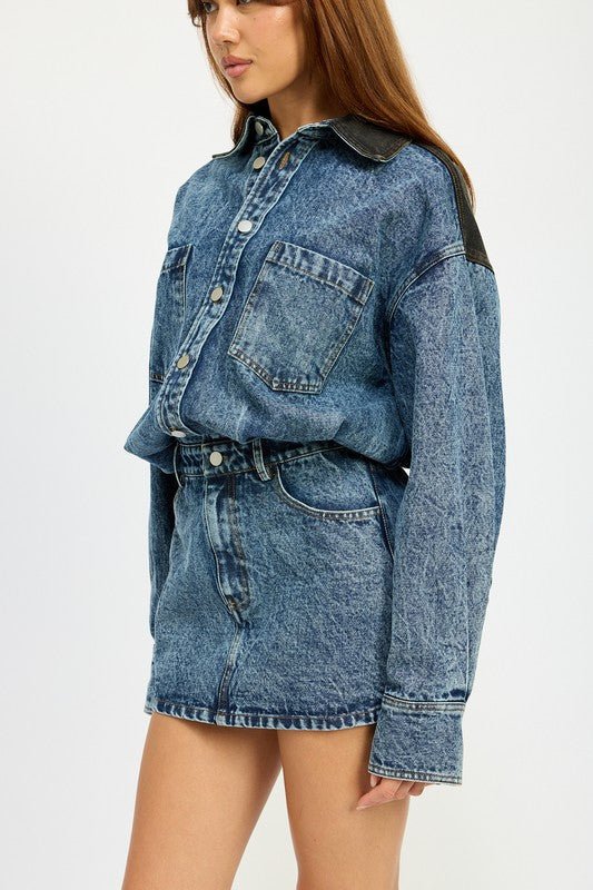 BUTTON UP DENIM MINI DRESS - Mack & Harvie
