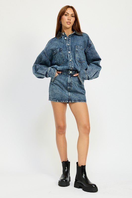 BUTTON UP DENIM MINI DRESS - Mack & Harvie