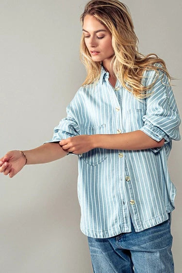 Blue & White Striped Double Pocket Button Down Shirt
