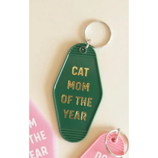 Cat Mom Motel Keychain in Green with Gold Text