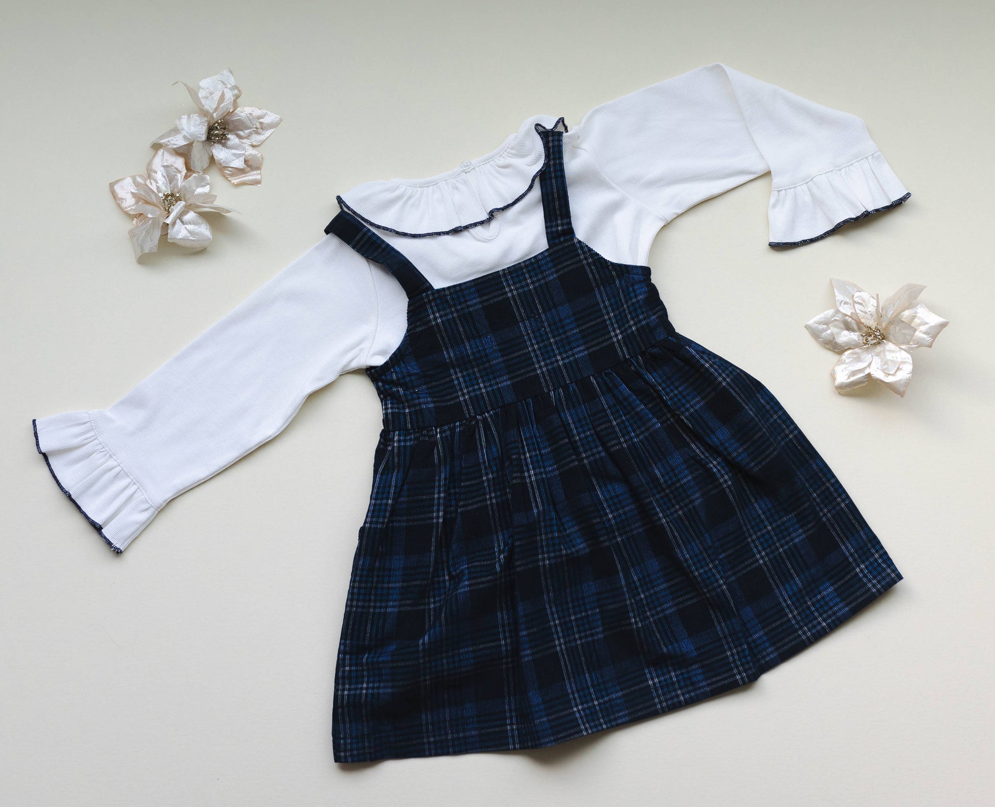 Pinafore Dress in Blue Plaid Cord With Ribbed Top 3Y