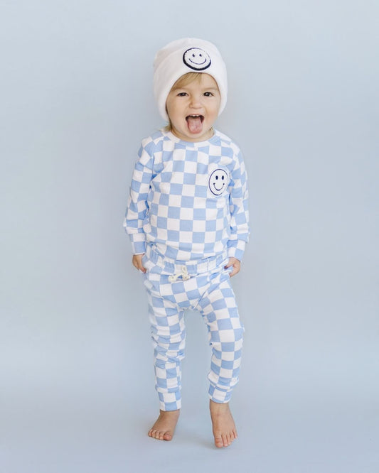 Checkered Smiley Lounge Set | Blue - Mack & Harvie