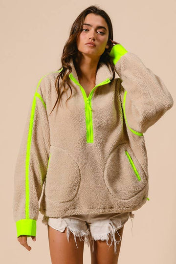 Contrast Trim Zip Up Sherpa Jacket