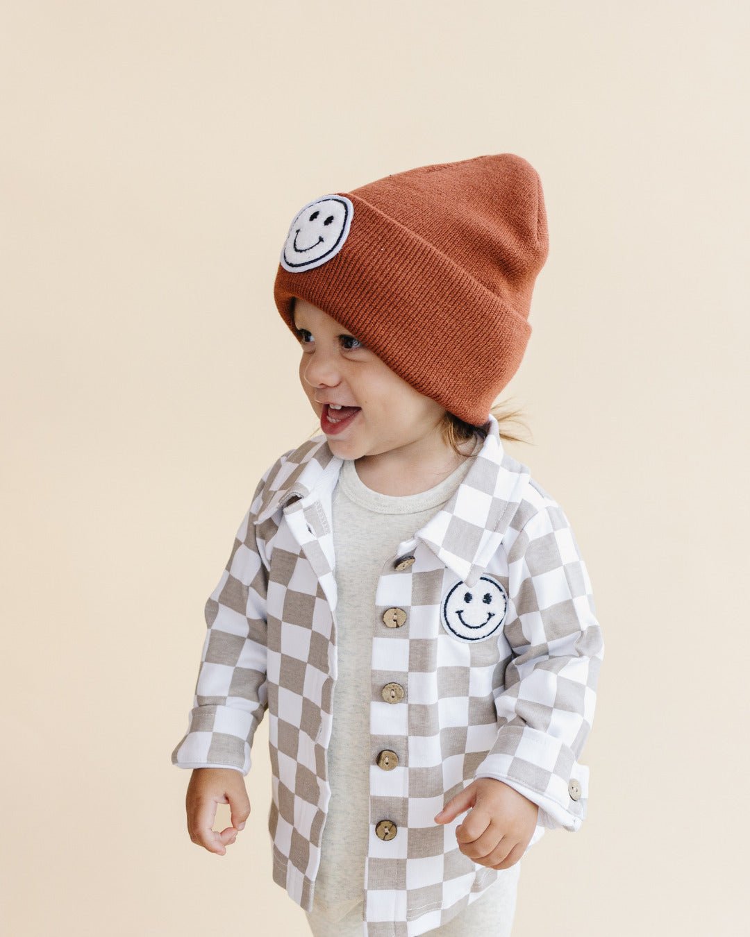 Cotton Shacket | Smiley Checkered Latte - Mack & Harvie