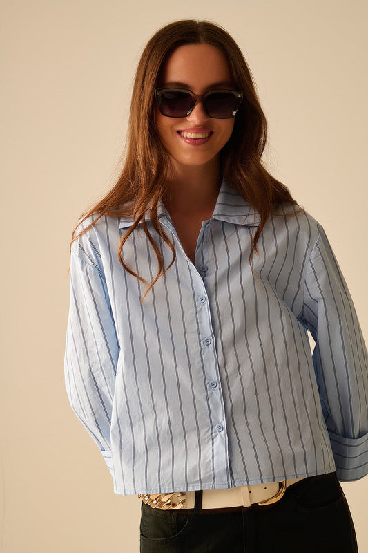 Cropped Blue Striped Poplin Shirt