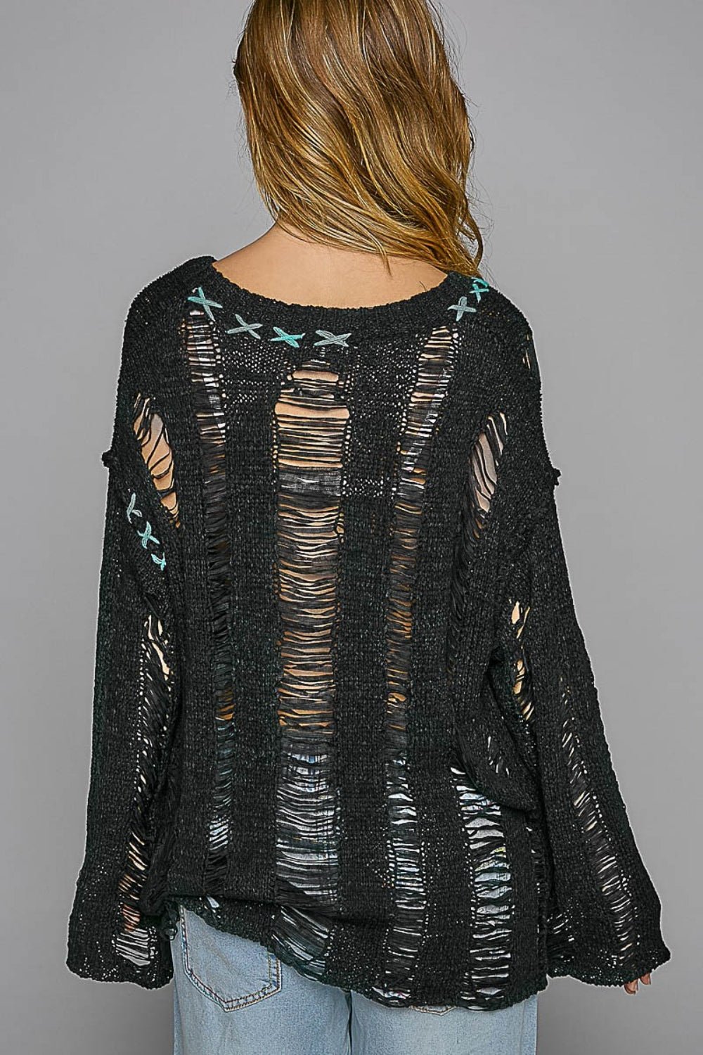 Distressed Dropped Shoulder Long Sleeve Knit Top - Mack & Harvie