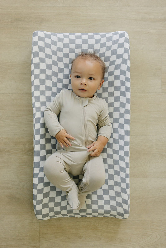 Dusty Blue Wavy Checkered Muslin Changing Pad Cover - Mack & Harvie