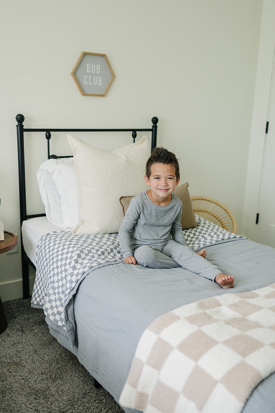 Dusty Blue Wavy Checkered Twin Muslin Quilt - Mack & Harvie