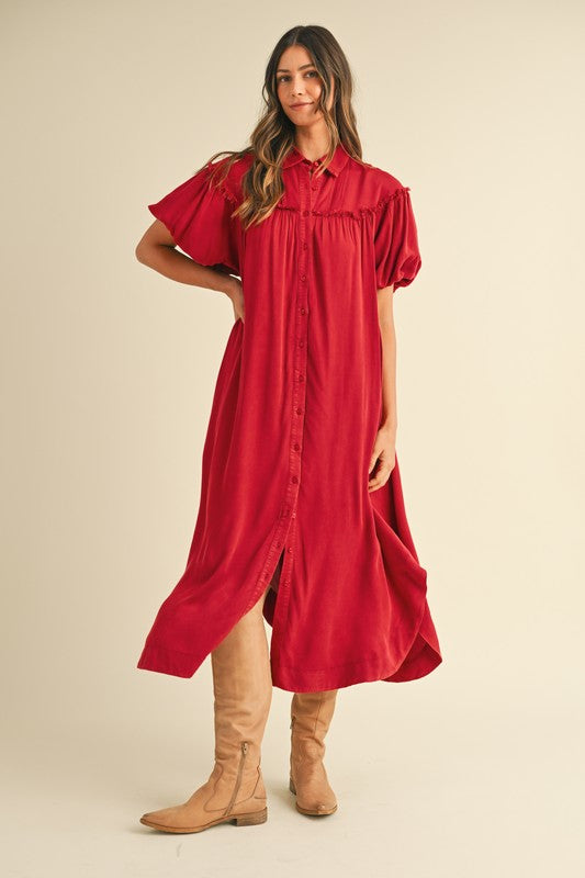 Mineral Washed Button Down Puff Sleeve Shirt Dress