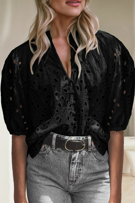 Eyelet Button Up Half Sleeve Blouse - Mack & Harvie