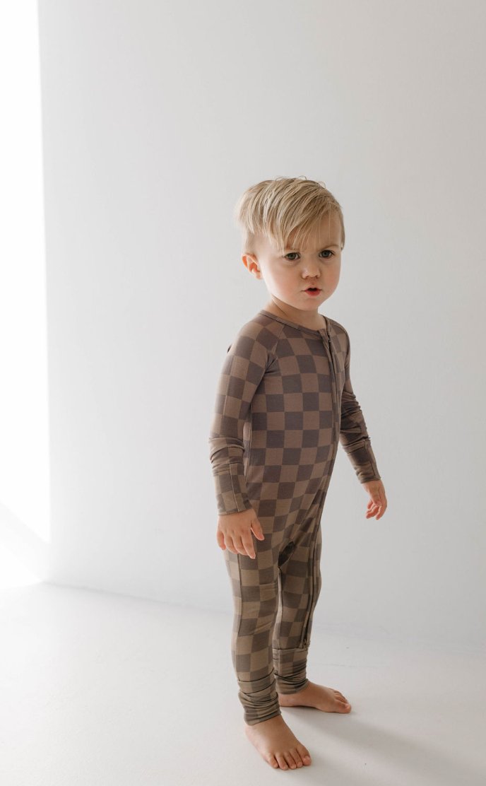 Faded Brown Checkerboard | Bamboo Zip Pajamas - Mack & Harvie