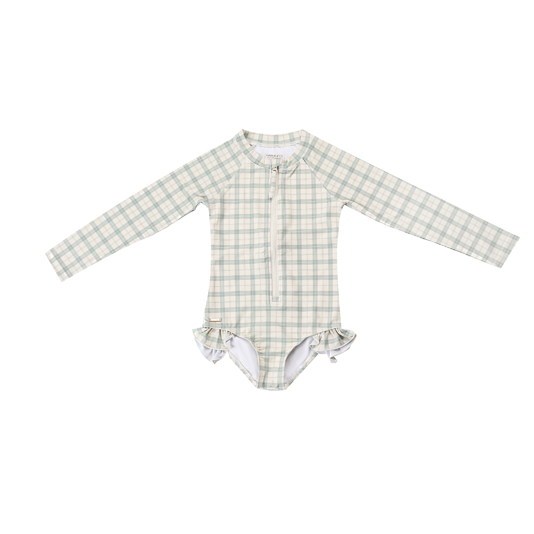 Long Sleeve Rashguard Ruffle Swimsuit | UPF + Recycled - Fern Plaid
