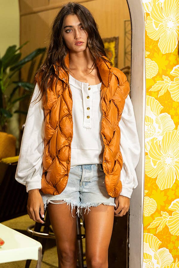 Camel Button-Up Puffer Vest