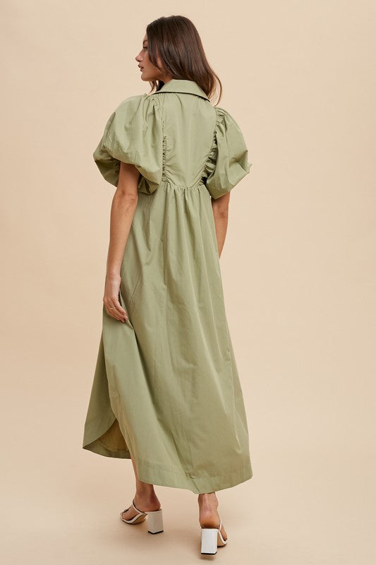 Smocked Puff Sleeve Midi Dress