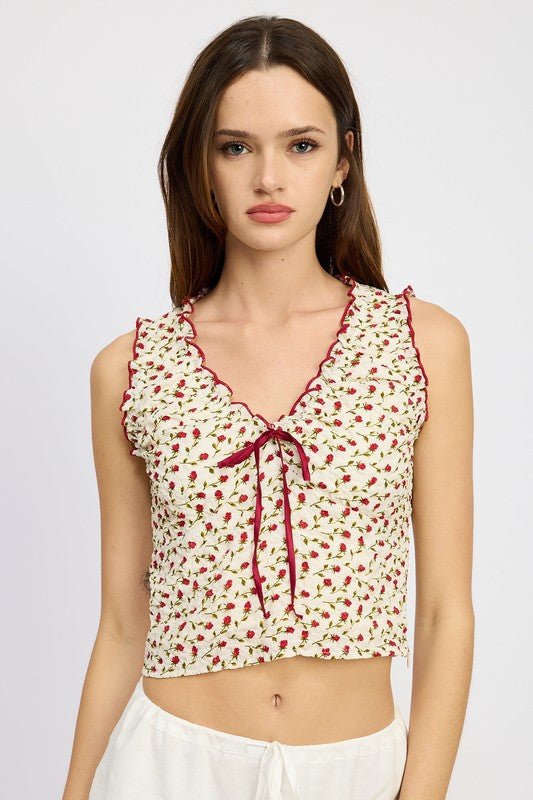 FLORAL RUCHED TOP WITH BOW DETAIL - Mack & Harvie