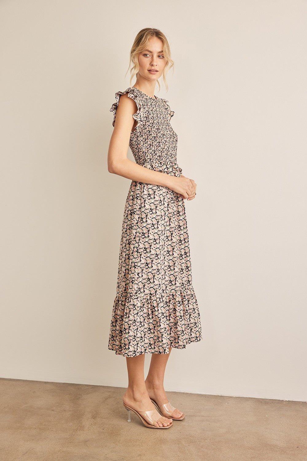 Floral Smocked Ruffled Midi Dress - Mack & Harvie