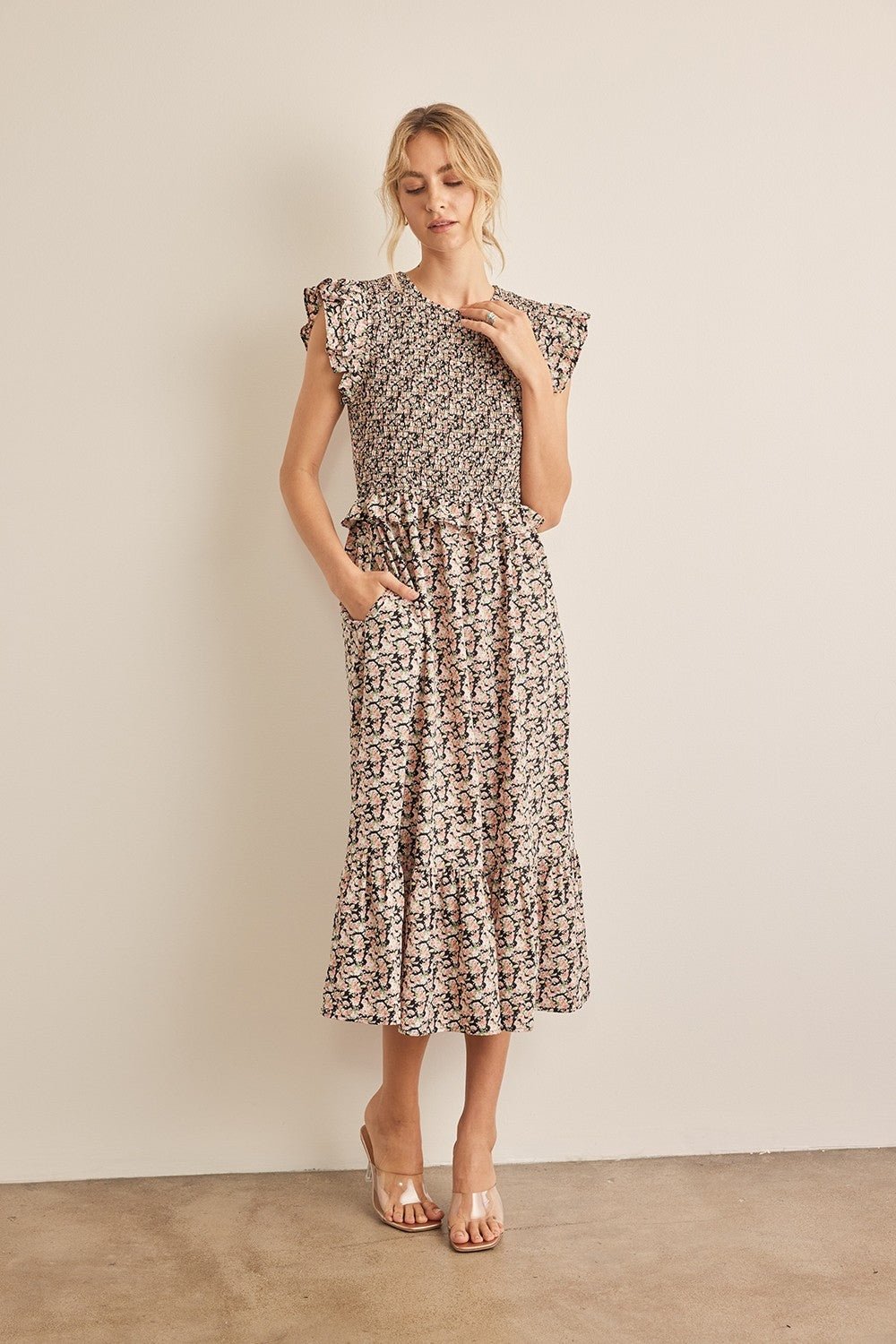 Floral Smocked Ruffled Midi Dress - Mack & Harvie