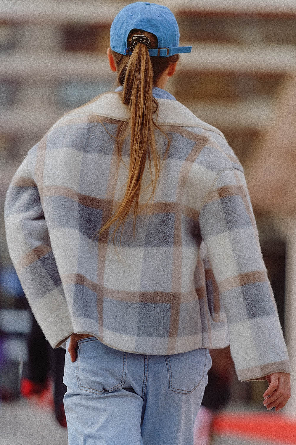 Fur Jacket With Blue Check Print