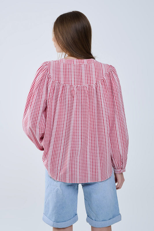 Gingham Red and White Collarless Blouse With Wide Sleeves