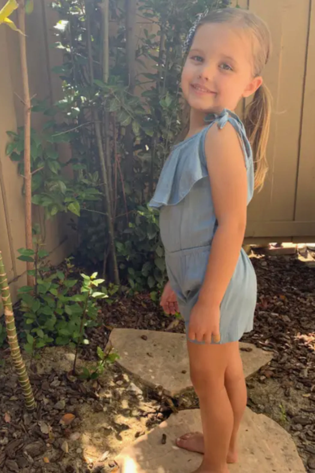 Girls Medium Blue Linen Tie Romper